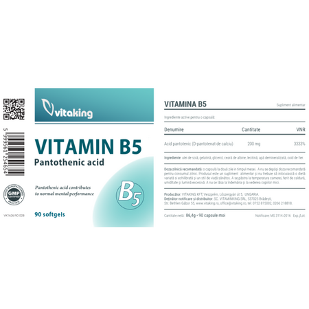 Vitamina B5, 200 mg, 90 capsule, Vitaking 595950