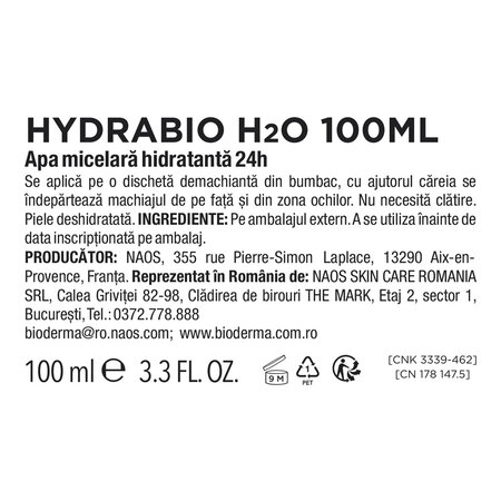 Apa micelara hidratanta Hydrabio H2O, 100 ml, Bioderma 739309