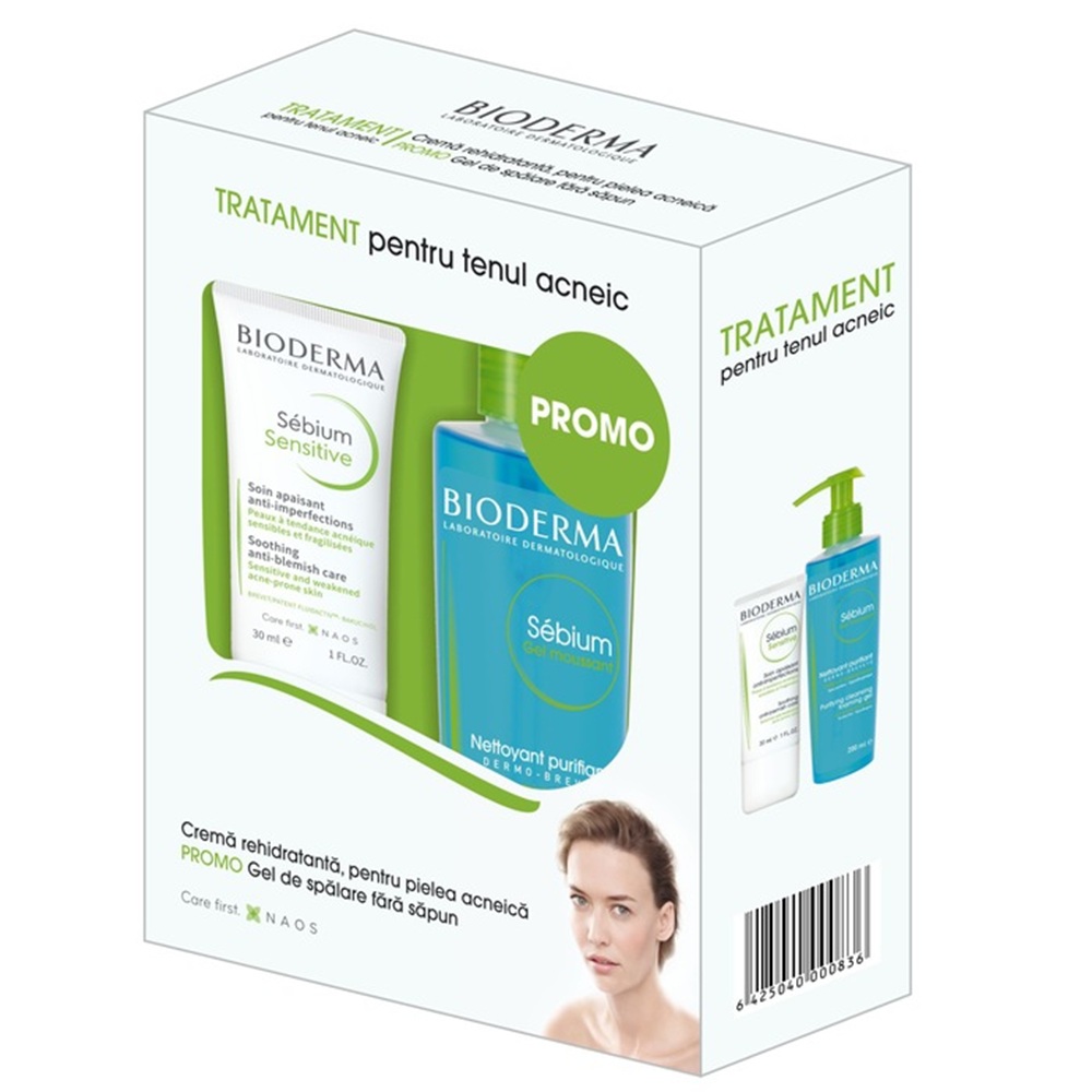 Pachet Fluid calmant si hidratant pentru pielea acneica Sebium Sensitive 30 ml + Gel spumant Sebium 200 ml, Bioderma