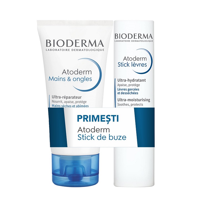 Crema de maini Atoderm, 50 ml + Stick buze Atoderm, 4 g, Bioderma