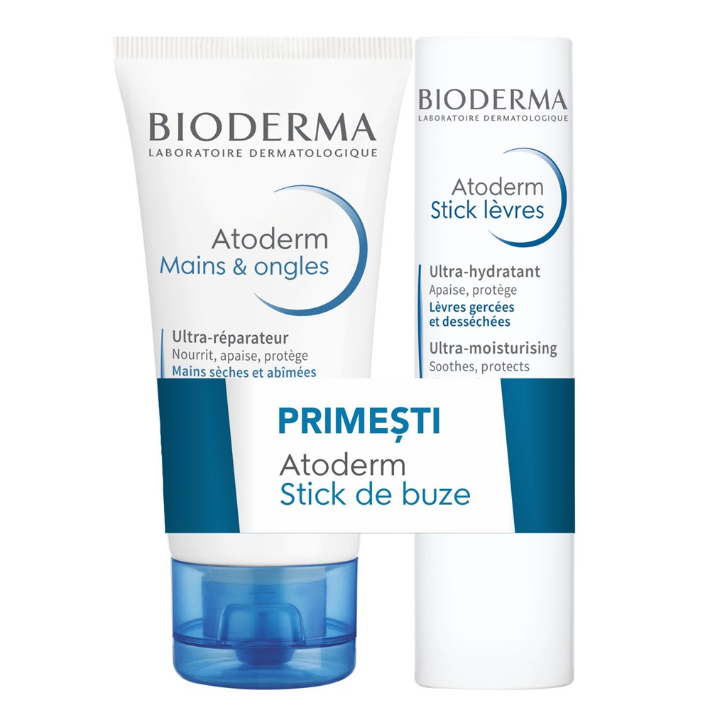 Pachet Crema de maini Atoderm, 50 ml + Stick de buze Atoderm, 4 g, Bioderma