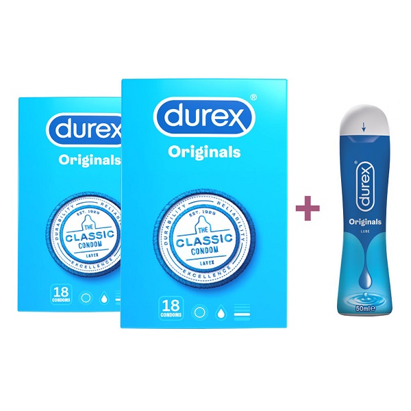 Pachet Prezervative Classic, 18 + 18 bucati + Lubrifiant Original 50 ml, Durex