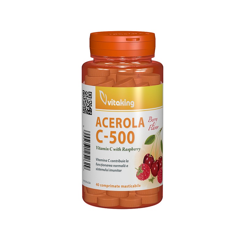 Vitamina C 500 mg cu acerola aroma de capsuni, 40 comprimate masticabile, Vitaking