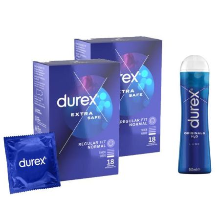 Pachet Prezervative Extra Safe, 18 + 18 bucati + Lubrifiant Originals, 50 ml, Durex