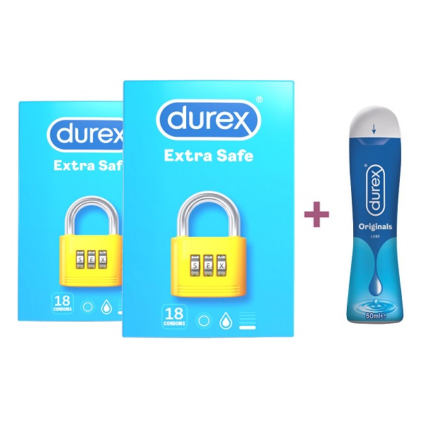 Pachet Prezervative Extra Safe, 18 + 18 bucati + Lubrifiant Originals, 50 ml, Durex