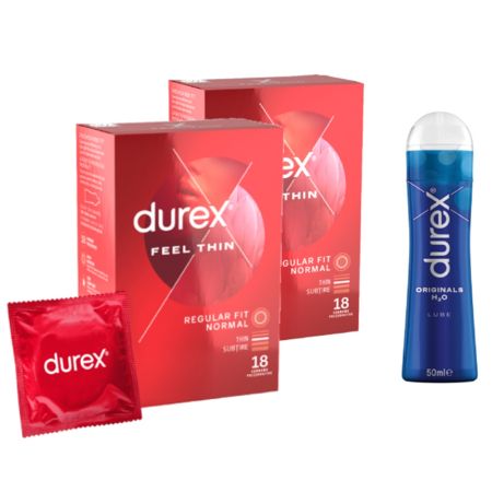 Pachet Prezervative Feel Thin, 18 + 18 bucati + Lubrifiant Originals, 50 ml, Durex