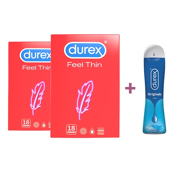 Pachet Prezervative Feel Thin, 18 + 18 bucati + Lubrifiant Originals, 50 ml, Durex