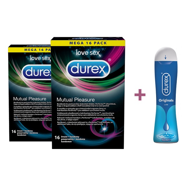 Pachet Prezervative Mutual Pleasure, 16 + 16 bucati + Lubrifiant Originals, 50 ml, Durex