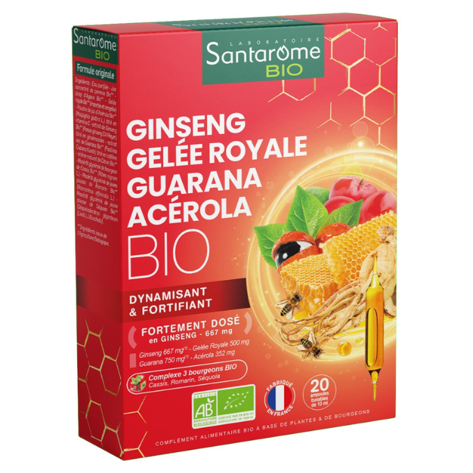 Ginseng Gelee Royale Guarana Acerola Bio, 20 fiole x 10 ml, Santarome