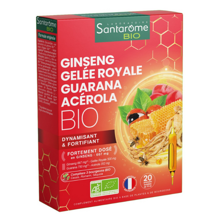 Ginseng Gelee Royale Guarana Acerola Bio, 20 fiole x 10 ml, Santarome