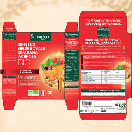 Ginseng, laptisor de matca, guarana si acerola, 20 fiole x 10 ml, Santarome 749443