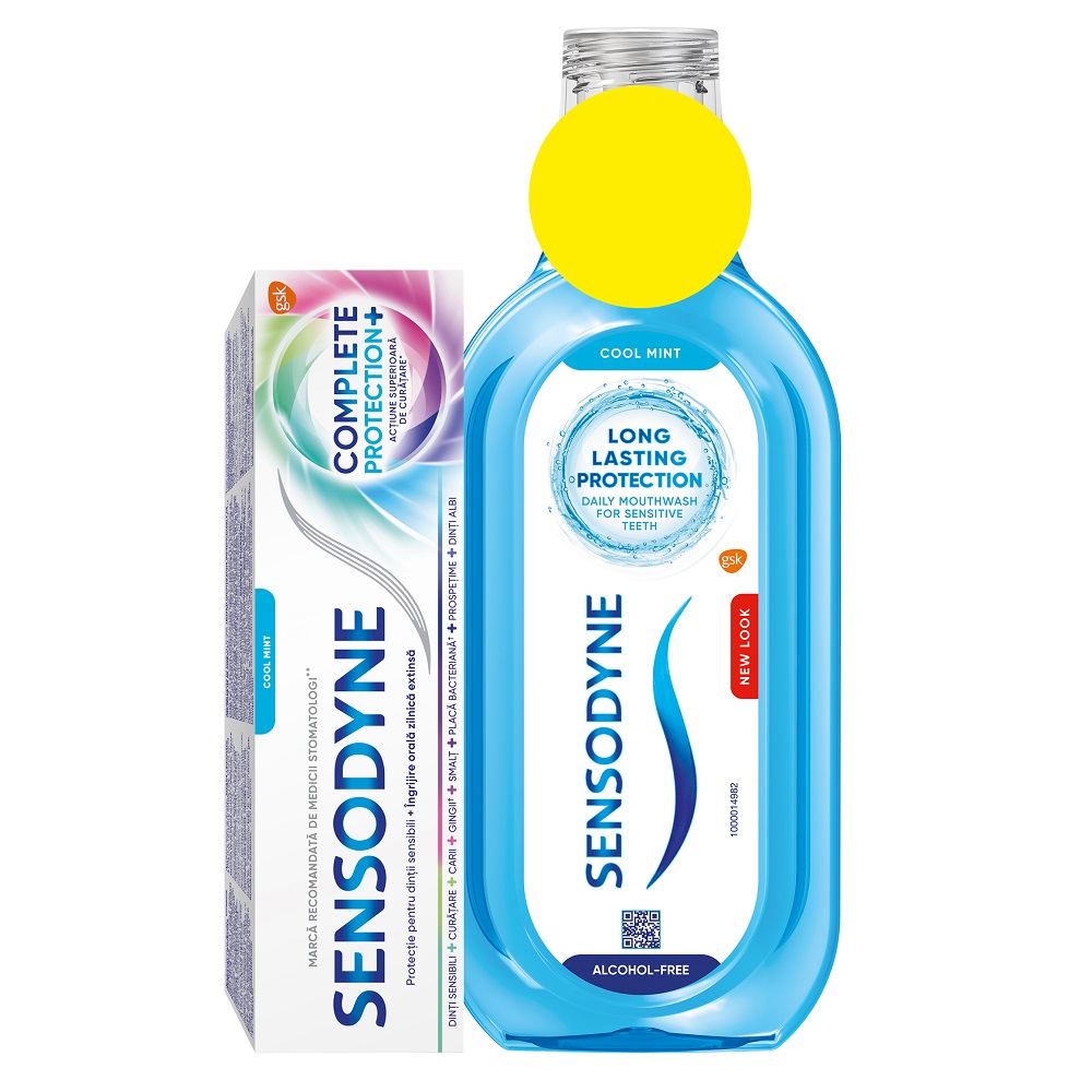 Pachet Pasta de dinti Complete Protection Cool Mint, 75 ml + Apa de gura Cool Mint, 500 ml, Sensodyne