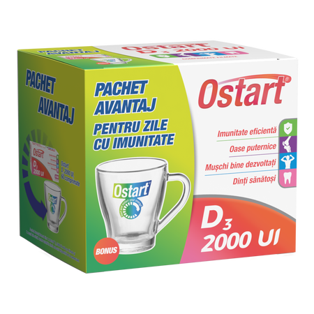 Pachet Ostart D3 2000UI, 60 comprimate + cana, Fiterman