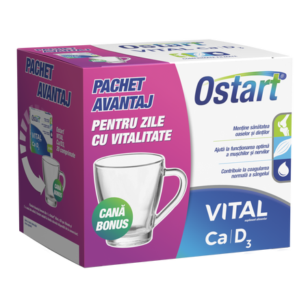 Pachet Ostart Vital Ca + D3, 20 comprimate + cana, Fiterman