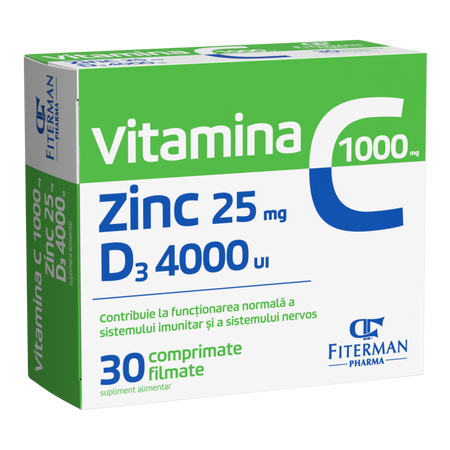 Vitamina C 1000 mg + Zn 25 mg + D3 4000UI, 30 comprimate filmate, Fiterman