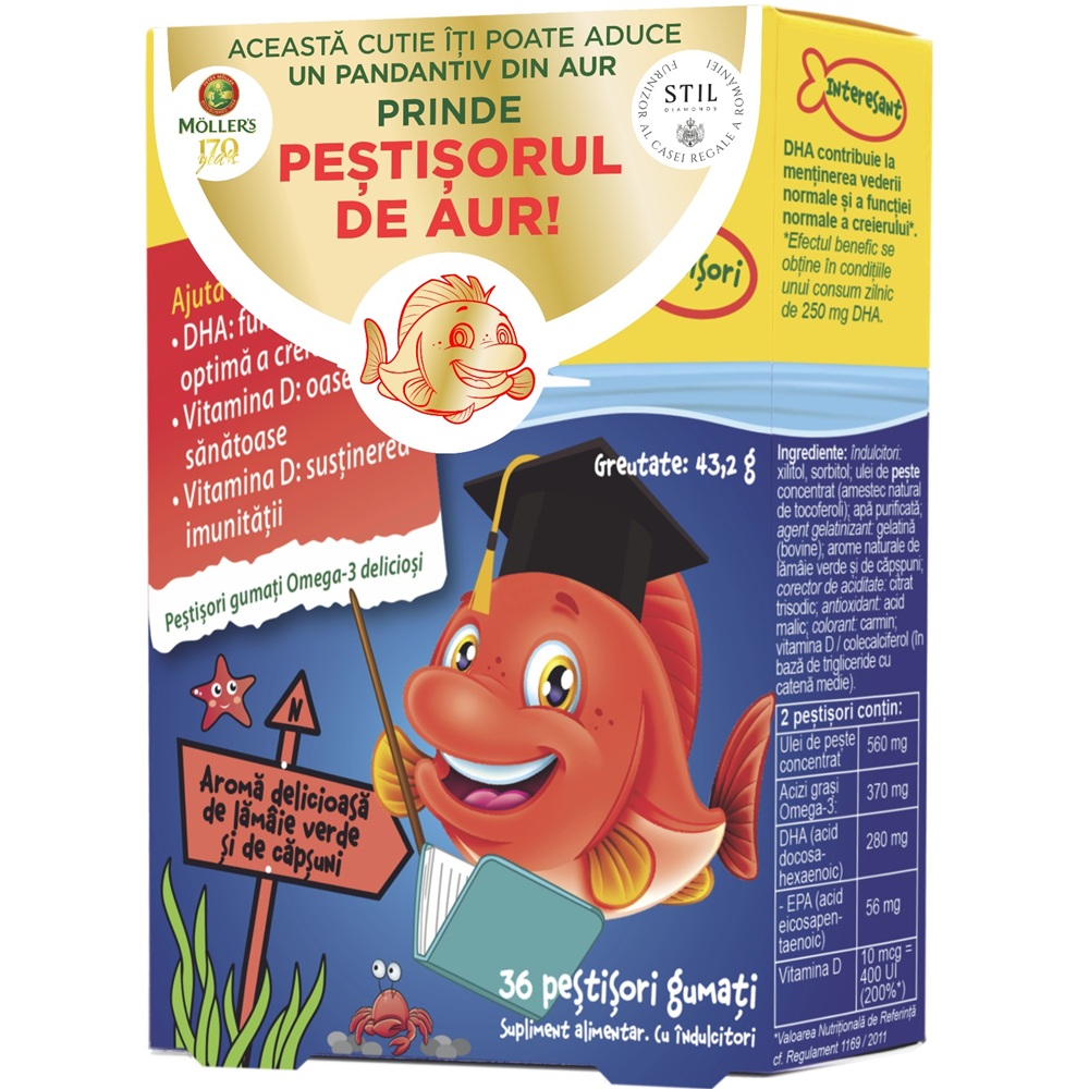 Pestisori gumati cu Omega-3 aroma de lamaie verde si capsuni, 36 jeleuri, Moller's