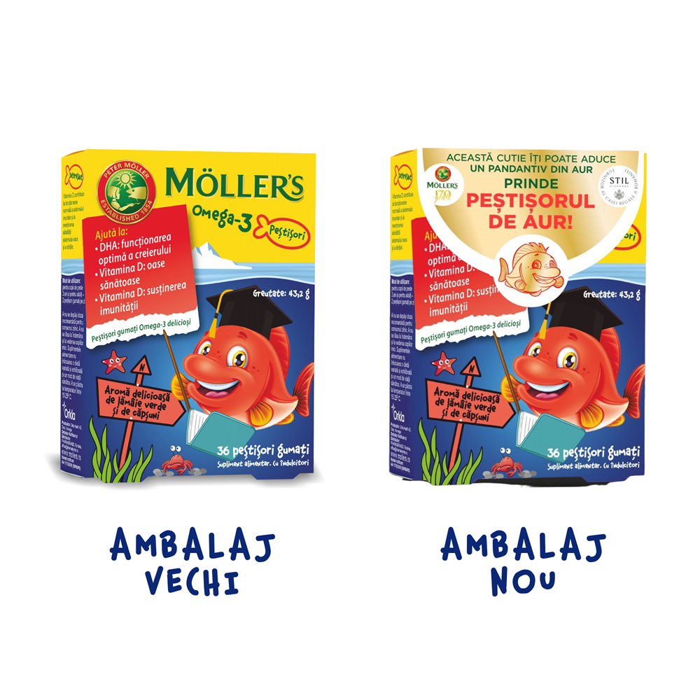 Pestisori gumati cu Omega-3 aroma de lamaie verde si capsuni, 36 jeleuri, Moller's
