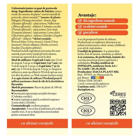 Sirop cu gust de portocala Calmotusin  Junior, 100 ml, Dacia Plant 731572