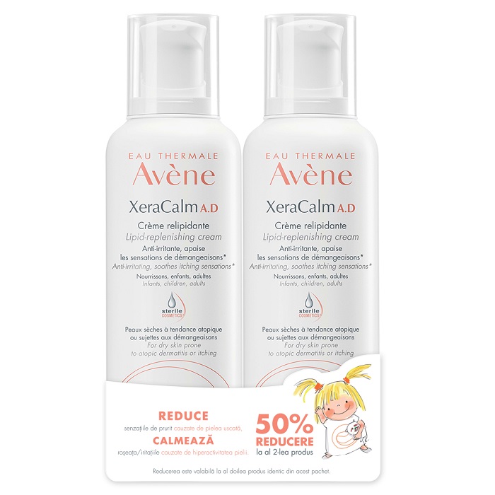 Pachet Crema relipidanta pentru pielea uscata predispusa la dermatita atopica sau prurit XeraCalm AD, 400 ml + 400 ml, Avene