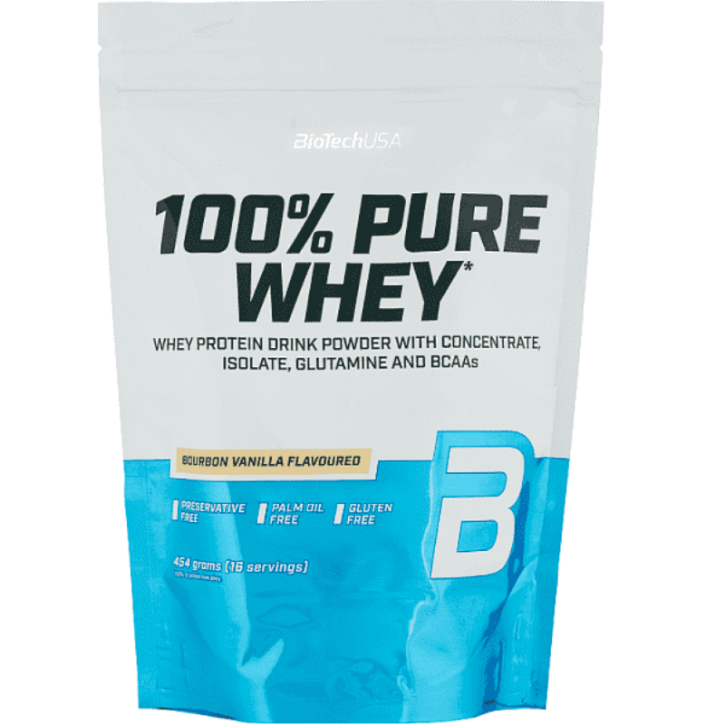 Pudra proteica fara gluten 100% Pure Whey Bourbon-Vanilla, 454 g, BioTech USA