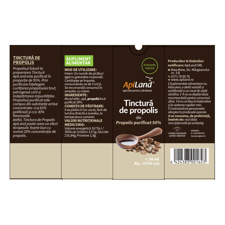 Tinctura de propolis purificat 95%, 30 ml, Apiland 701311