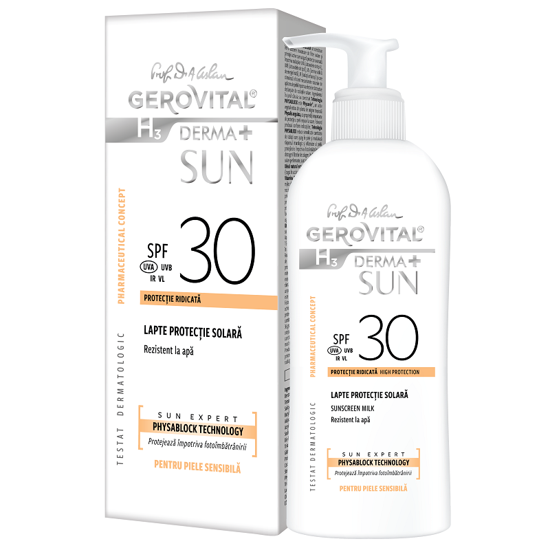 Lapte protectie solara SPF 30 H3 Derma+ Sun, 150 ml, Gerovital