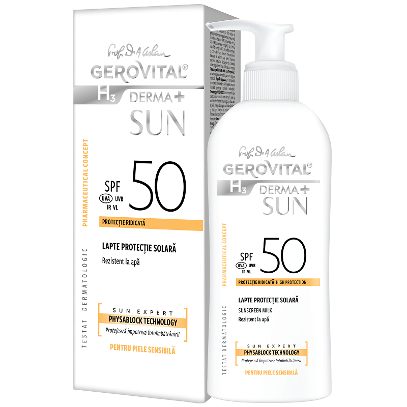 Lapte pentru protectie solara cu SPF 50 H3 Derma+ Sun, 150 ml, Gerovital