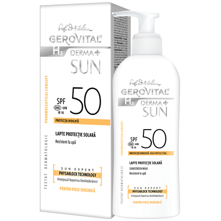 Lapte pentru protectie solara cu SPF 50 H3 Derma+ Sun, 150 ml, Gerovital