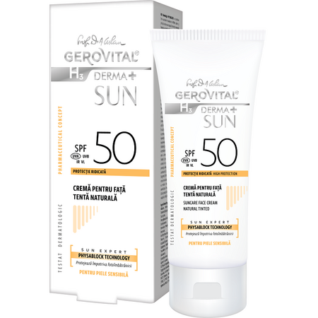 Crema pentru fata cu protectie solara SPF 50 tenta natural H3 Derma+ Sun, 50 ml, Gerovital