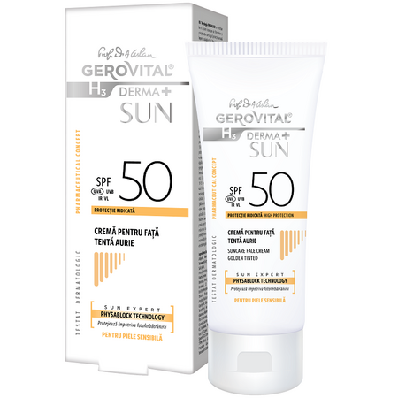 Crema pentru fata cu protectie solara SPF 50 tenta aurie H3 Derma+ Sun, 50 ml, Gerovital