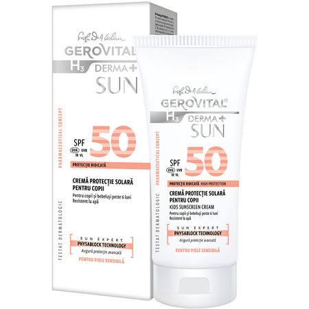 Crema solara pentru copii cu factor de protectie SPF 50 H3 Derma+ Sun, 100 ml, Gerovital