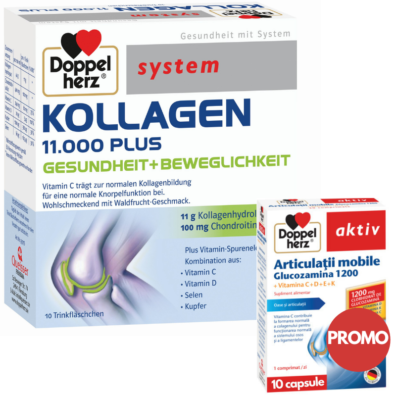 Pachet Kollagen 11.000 plus, 10 flacoane unidoza + Articulatii mobile Glucozamina 1200, 10 comprimate, Doppelherz