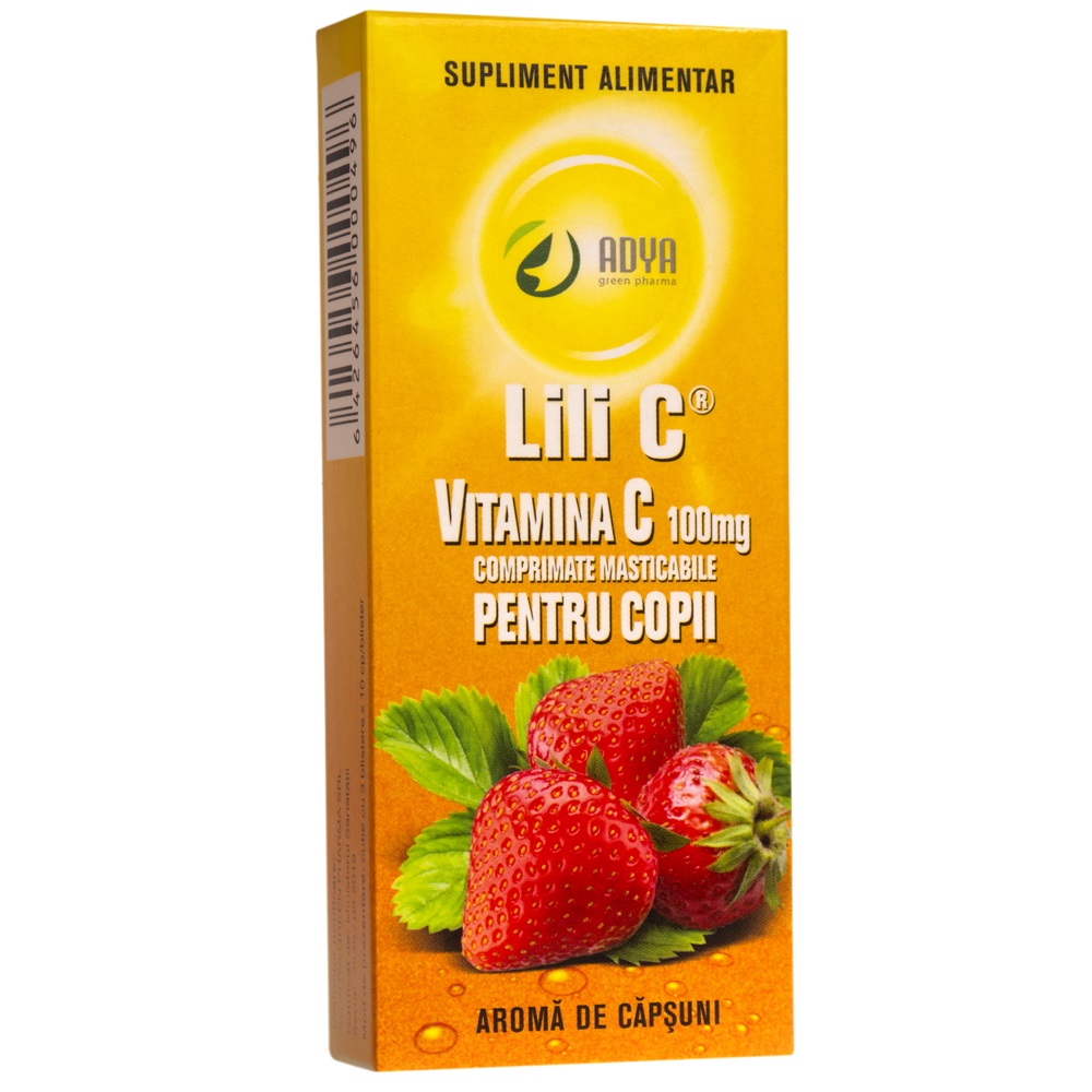 Vitamina C pentru copii cu aroma de capsuni 100 mg Lili C, 30 comprimate, Adya Green Pharma