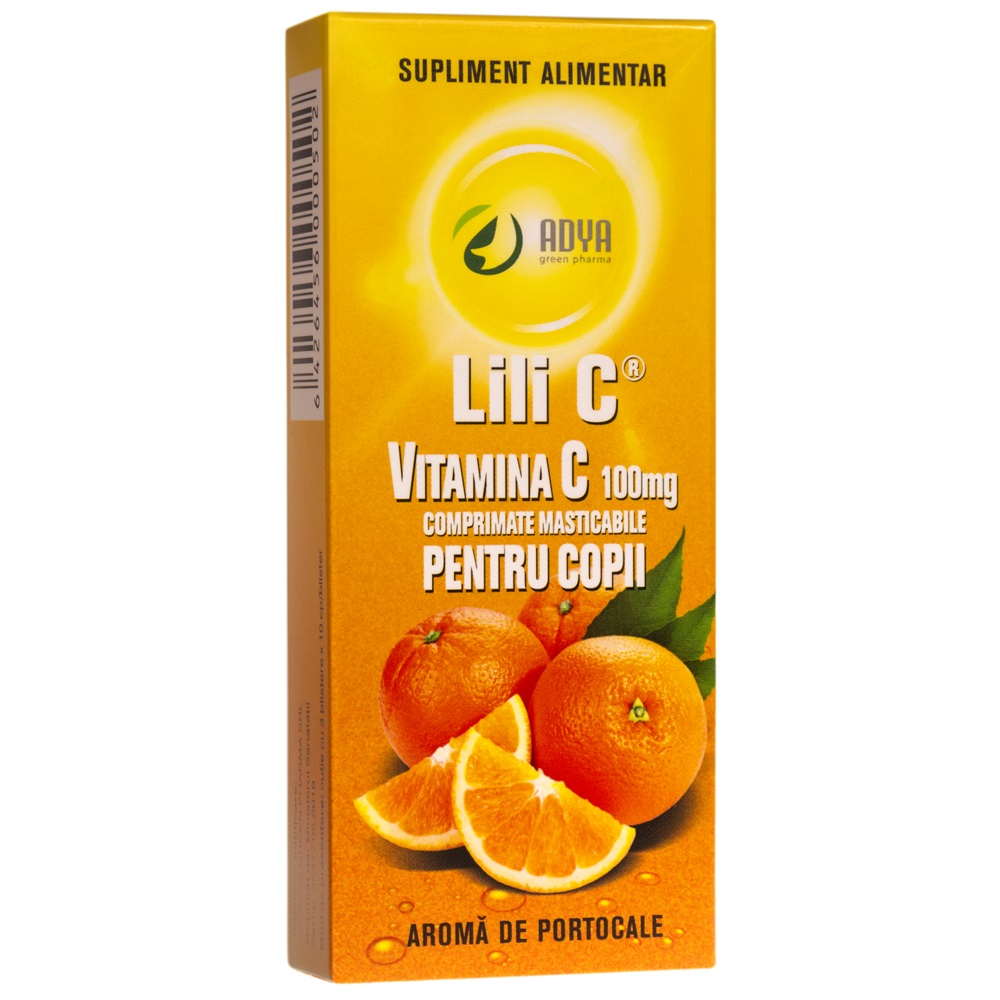 Vitamina C pentru copii cu aroma de portocale 100 mg Lili C, 30 comprimate, Adya Green Pharma