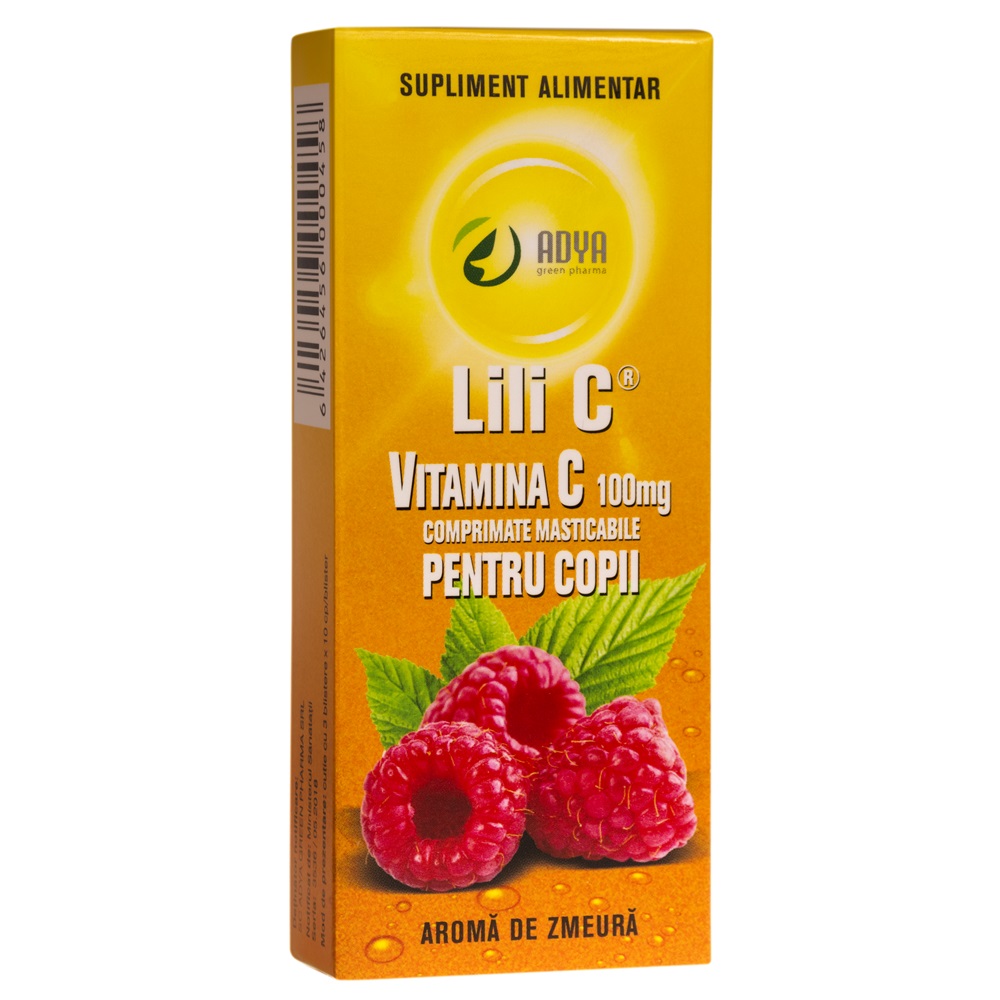 Vitamina C pentru copii cu aroma de zmeura 100 mg Lili C, 30 comprimate, Adya Green Pharma