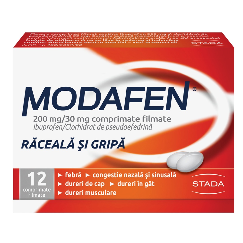 Modafen raceala si gripa, 200 mg/30 mg, 12 comprimate filmate, Stada