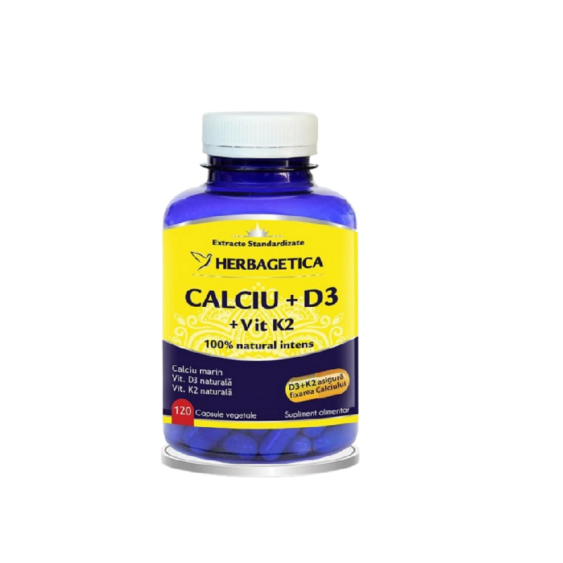 Calciu + D3 + Vitamina K2, 120 capsule, Herbagetica