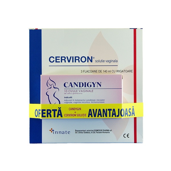 Pachet Solutie vaginala cu Lavanda - Cerviron, 3 x 140 ml + Candigyn, 10 ovule,, Innate