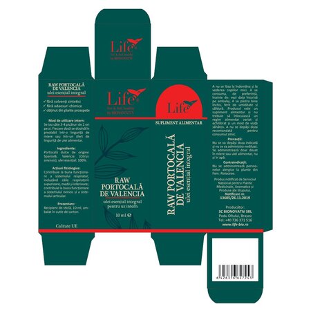 Ulei esential integral raw de portocala de Valencia Life, 10 ml, Bionovativ 705787