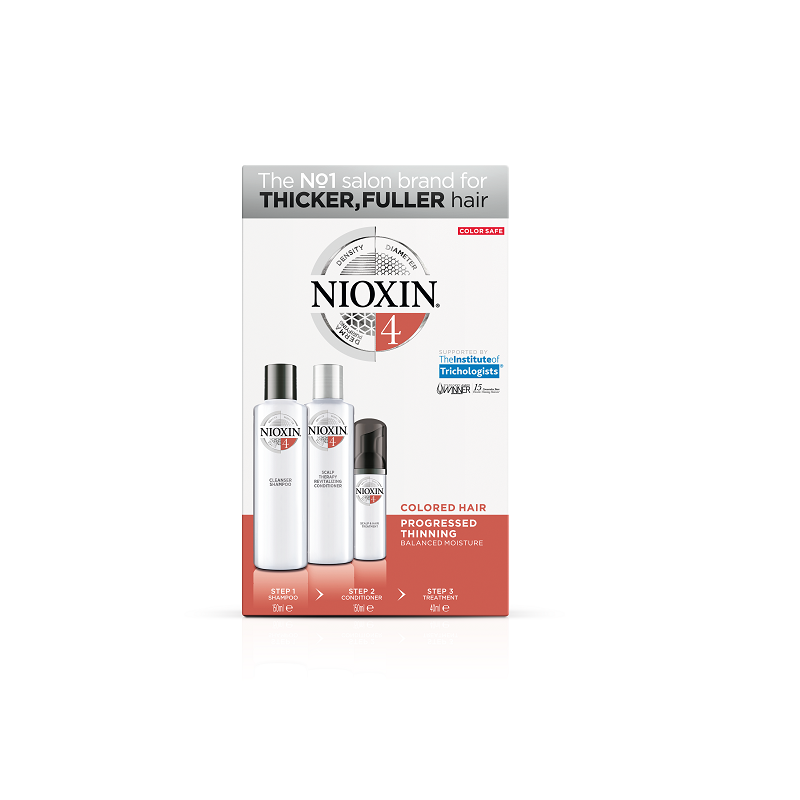 Kit complet anticadere puternica a parului vopsit, Sampon 150 ml + Balsam 150 ml + Tratament 40 ml, System 4, Nioxin