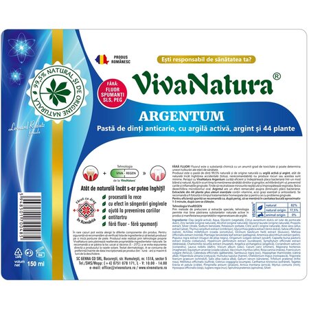Pasta de dinti naturala cu argila si argint Argentum, 150 ml, Vivanatura 709643