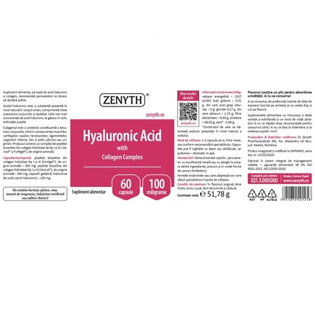 Pachet Hyaluronic Acid cu Collagen Complex, 30+60 capsule, Zenyth 701574