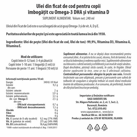 Ulei din ficat de cod pentru copii, 240 ml, Lysi 703455