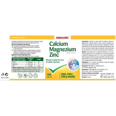 Calciu Magneziu Zinc, 100 tablete, Walmark 699802