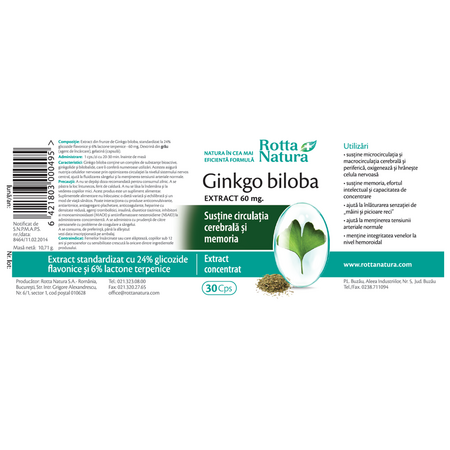 Ginkgo Biloba extract, 60 mg, 30 capsule, Rotta Natura 597959