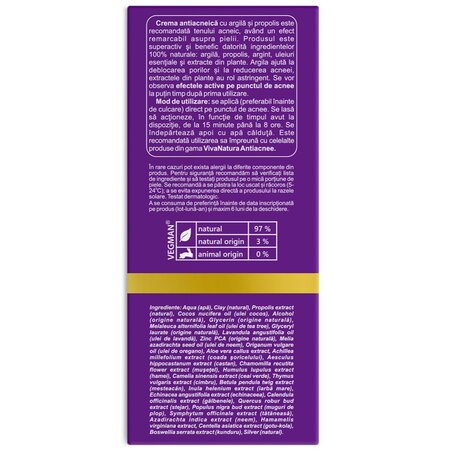 Crema antiacneica cu argila si propolis, 20 ml, Vivanatura 709997