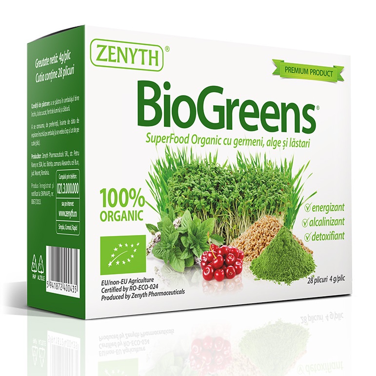 BioGreens SuperFood Organic cu germeni, alge si lastari, 28 plicuri, Zenyth