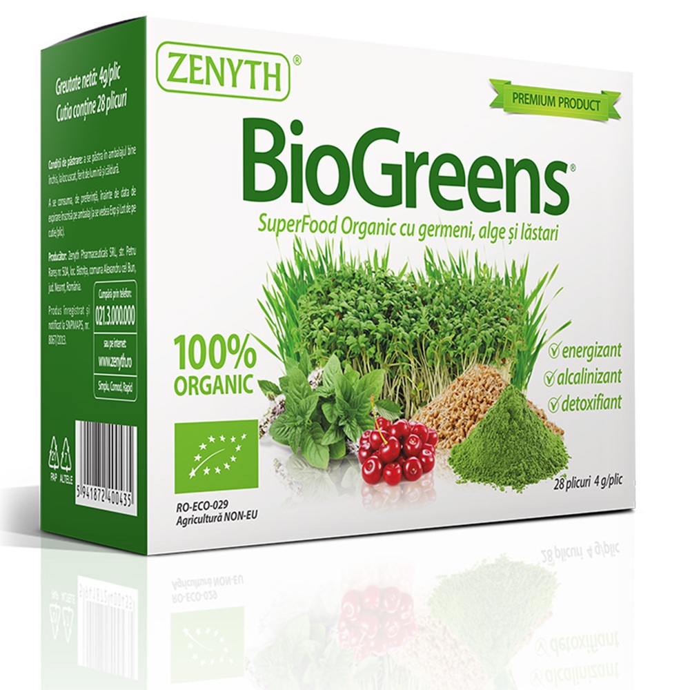 BioGreens SuperFood Organic cu germeni, alge si lastari, 28 plicuri, Zenyth