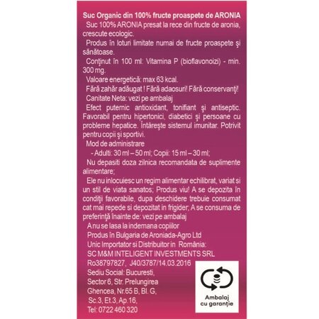 Suc organic din fructe proaspete de aronia, 750 ml, Miriam 601691