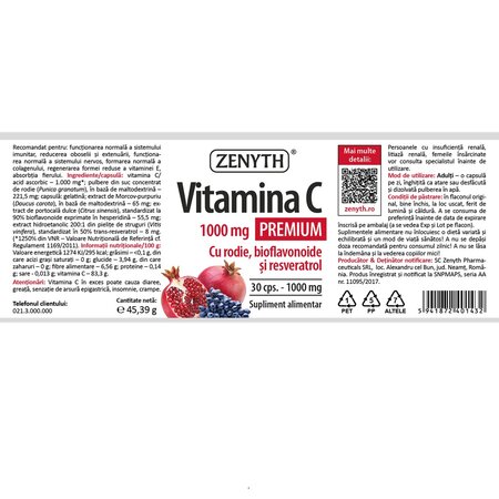 Vitamina C Premium, 1000 mg, 30 capsule, Zenyth 702642
